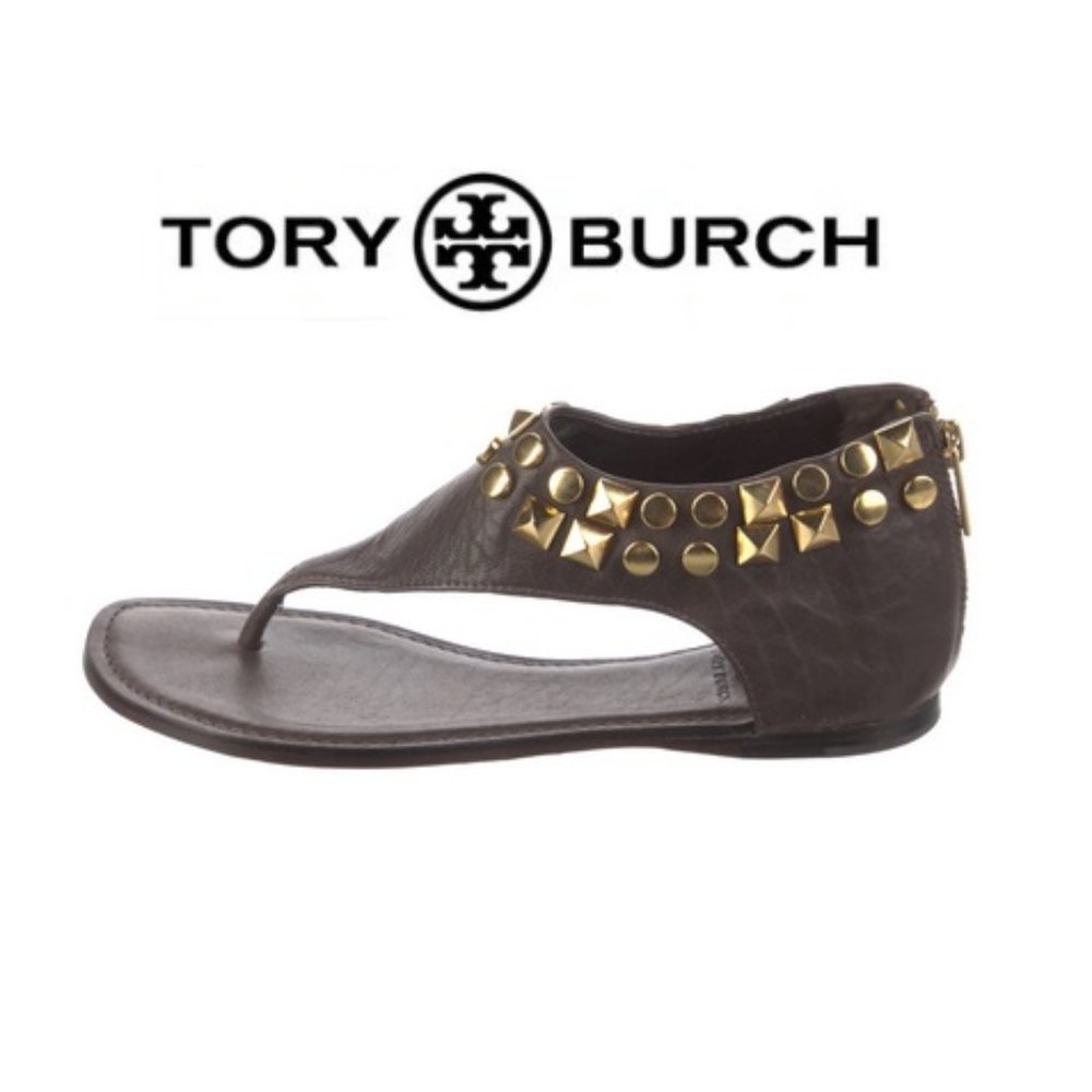 *NIB*  TORY BURCH Leather Studded Accents T-Strap Sandals Brown Size 5